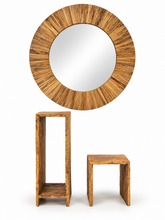 Load image into Gallery viewer, Round Mirror with Textured Wooden Frame and  Rustic Wooden Stools – Two Sizes
