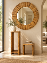 Load image into Gallery viewer, Round Mirror with Textured Wooden Frame and  Rustic Wooden Stools – Two Sizes
