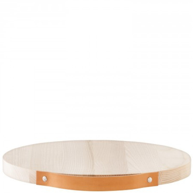 Utility wooden platter with leather handle, 35cm